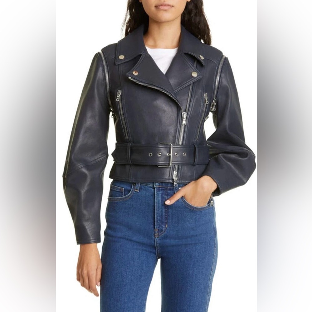 Veronica Beard Jylan Navy Leather Moto Jacket